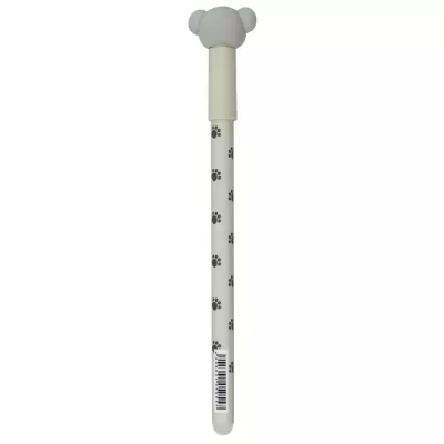 Caneta branca com padrão de pegadas e tampa com cabeça de urso.