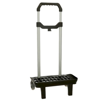 Carrinho de transporte metálico com base plástica preta e rodas.