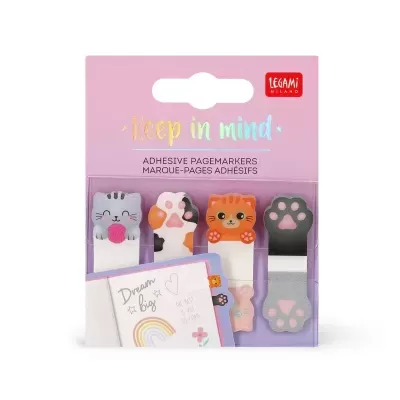 Marcadores adesivos para páginas em forma de gatinhos e patas em embalagem rosa