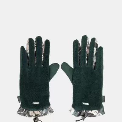 Luvas femininas pretas com padrão floral e folho no punho