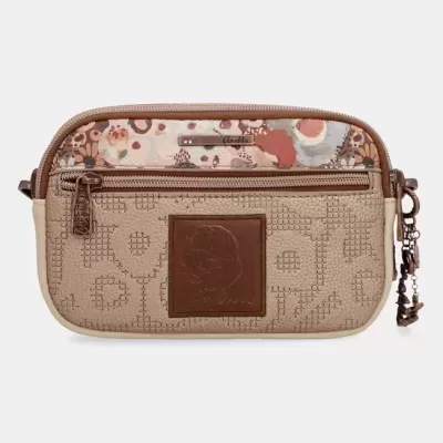 Bolsa bege com detalhes em castanho e padrão floral, com zíper e logótipo Anekke