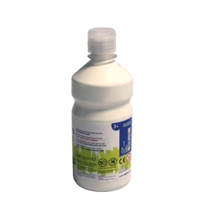 Frasco branco de plástico com líquido e etiqueta azul e verde