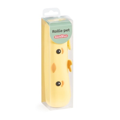 Brinquedo Rollie pet amarelo em embalagem transparente com etiqueta