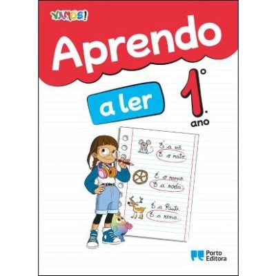 Capa de livro 'Aprendo a ler 1.º ano' com ilustração e texto educativo.