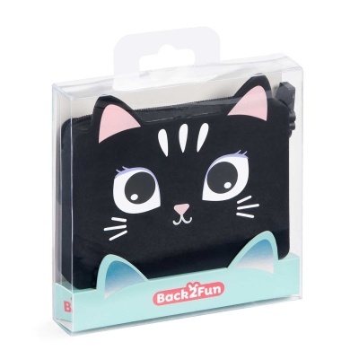 Estojo preto com design de gato em caixa transparente