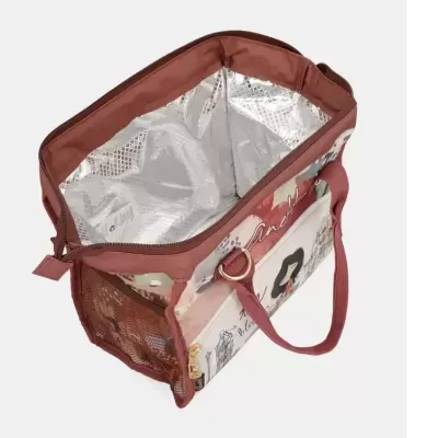 Mala térmica cor de rosa velho com interior isolante prateado aberta.