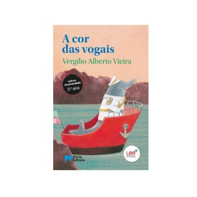 Capa do livro A cor das vogais com golfinho marinheiro num barco vermelho