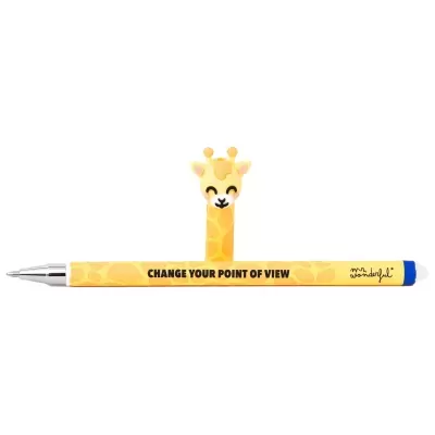 Caneta amarela com padrão de girafa e cabeça de girafa sorridente no topo