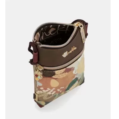 Bolsa pequena castanha com padrão floral e fecho dourado
