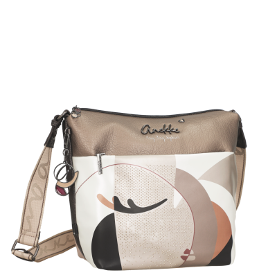 Mala de ombro bege e castanha com estampado abstrato e detalhes brilhantes