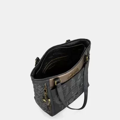 Mala type tote em pele sintética preta com detalhes castanhos e dourados