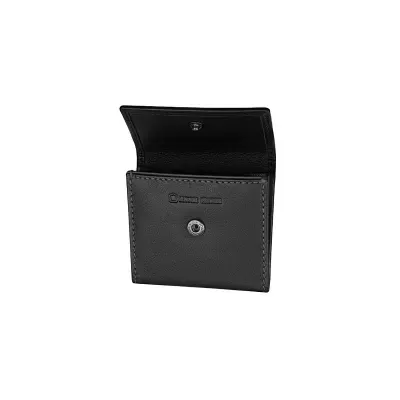 Carteira preta de pele aberta com fecho de mola e texto gravado