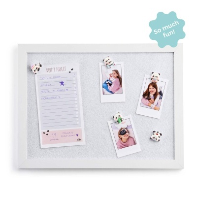 Quadro de cortiça branco com ímanes panda a prender notas e fotos