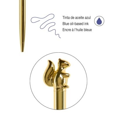 Caneta dourada com clip em forma de esquilo e tinta azul