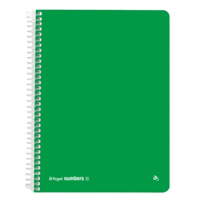 Caderno verde com espiral branca e texto fegol numbers em branco