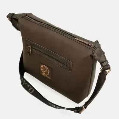 Bolsa messenger castanha com fechos zip e alça preta com texto bordado