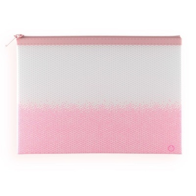 Estojo plástico rosa e branco com fecho de correr