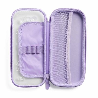 Estojo organizador lilás aberto com bolsos e rede de malha
