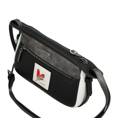 Mala de ombro feminina multicolor com fechos de correr e etiqueta com coração vermelho