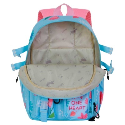 Mochila azul com flores e texto ONE HEART aberta mostrando interior bege com desenhos Disney