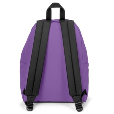 Mochila roxa vista de trás com alças pretas e alça de transporte superior preta