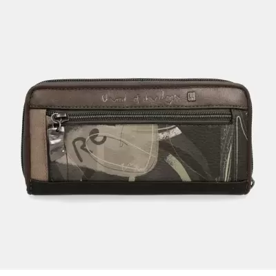 Carteira castanha e preta com fecho de correr e gravação hand of willows
