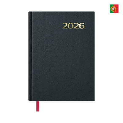 Agenda capa dura preta com o ano 2026 dourado e marcador vermelho