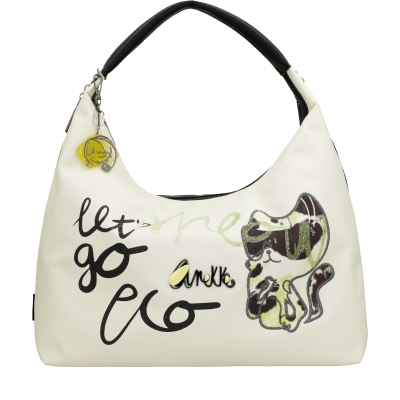 Mala branca com estampa de gato e texto 