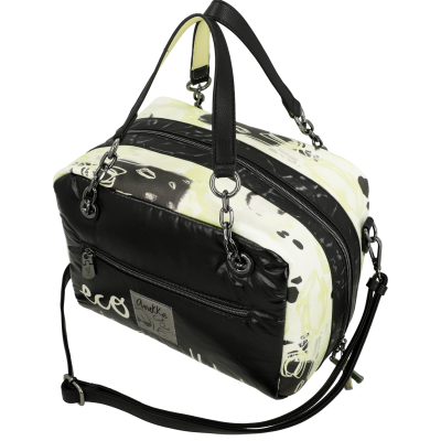 Mala quadrada preta e branca com padrão abstrato e alças