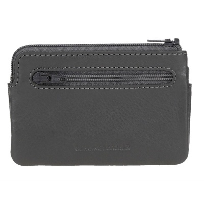 Carteira pequena preta de couro com fecho éclair frontal