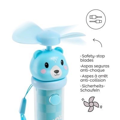 Ventoinha portátil azul com design de urso e lâminas de segurança