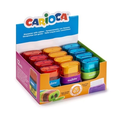 Caixa com 12 afiadores de lápis Carioca de várias cores com borracha