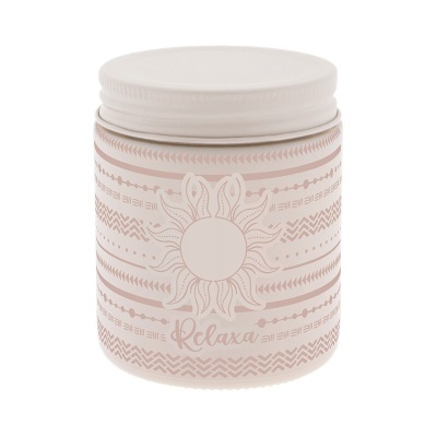 Frasco plástico com tampa, padrão tribal e sol, texto Relaxa.