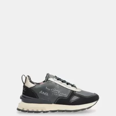 Ténis desportivo preto, cinzento e bege com texto branco