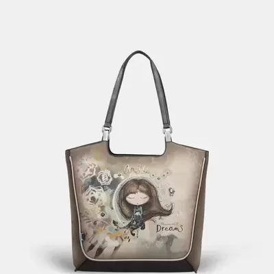 Mala de mão castanha com alças pretas e estampa de menina e flores