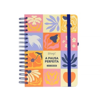 Agenda colorida com capa florida e espiral azul