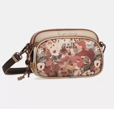 Mala pequena de ombro com padrão floral em tons castanho, bege, vermelho e verde