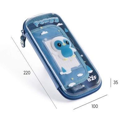 Estojo escolar azul com pinguim 3D e zíper preto B2F