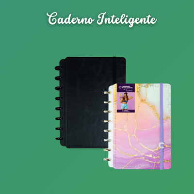 Dois cadernos inteligentes, um preto e outro colorido, sobre fundo verde com texto acima.
