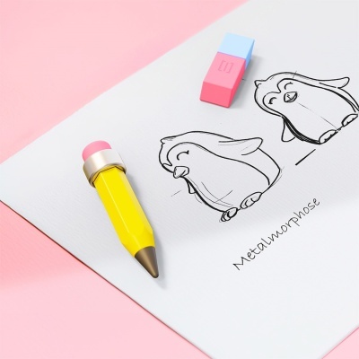 Desenho de pinguins em folha branca com lápis amarelo e borracha colorida