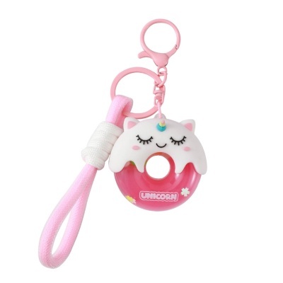 Chaveiro donut rosa com cara de unicórnio e cordão rosa