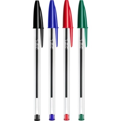 Quatro esferográficas BIC Cristal nas cores preto, azul, vermelho e verde