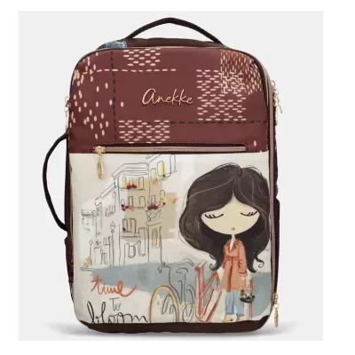 Mochila castanha com ilustração colorida e texto Anekke e time to bloom