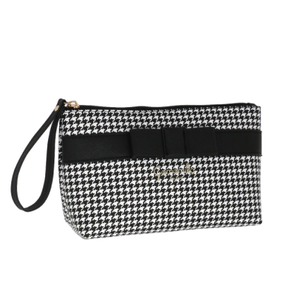 Necessaire pied-de-poule preta e branca com laço preto e fecho dourado