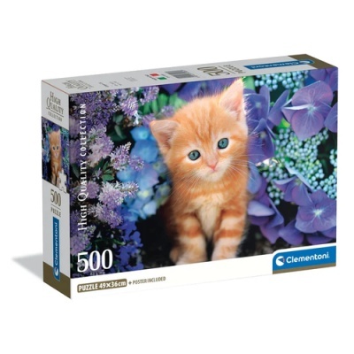 Caixa de puzzle com imagem de gato laranja e flores lilases e azuis