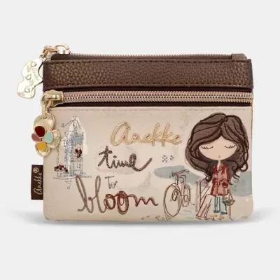 Porta-moedas retangular bege e castanho com ilustração e texto Anekke