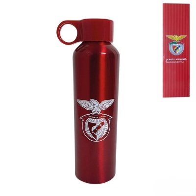 Garrafa desportiva vermelha de alumínio do SL Benfica com tampa vermelha e caixa vermelha ao lado