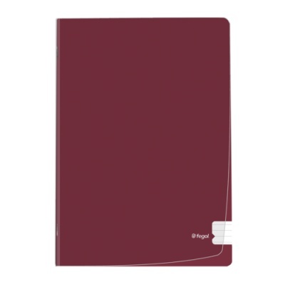Capa de caderno bordô com detalhes brancos e logótipo fegal
