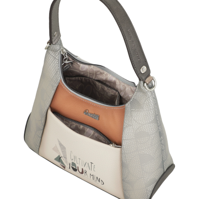 Bolsa de ombro cinza, bege e castanha com fecho e texto