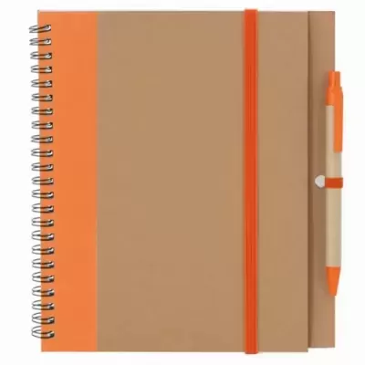 Caderno espiral castanho e laranja com caneta presa